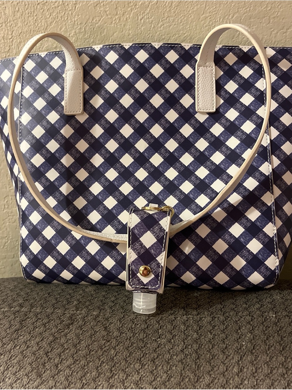 Navy and White Gingham Tote Bag with Cream Handles